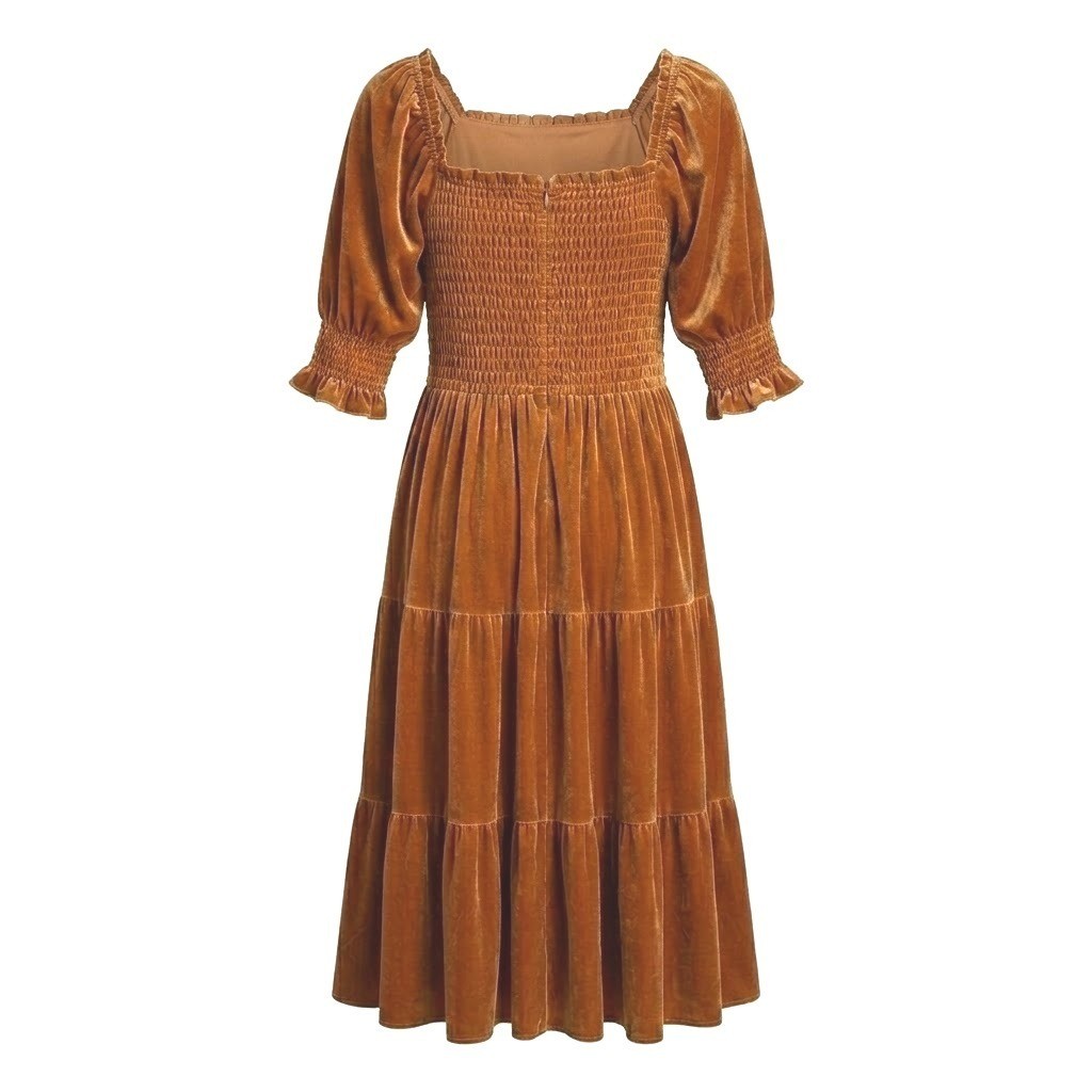 NEW R. Vivimos Womens Large 12/14 Gold Velvet Smocked Puff Sleeve Midi Dress