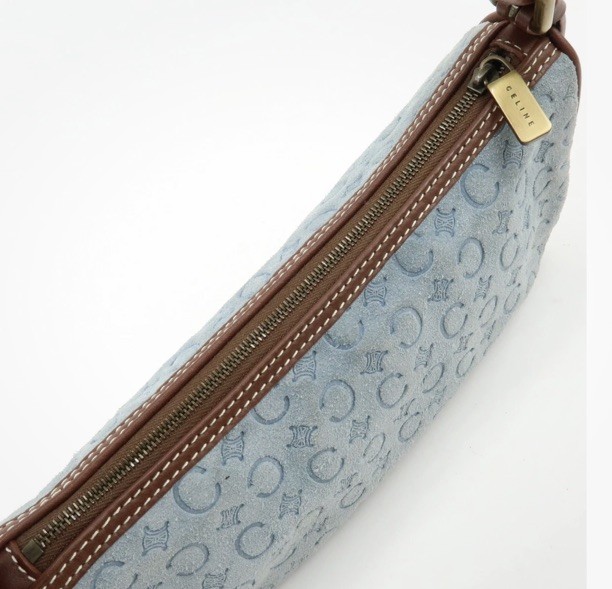 CELINE C Macadam Suede Leather Pochette Shoulder Bag (RARE Light Blue) Vintage