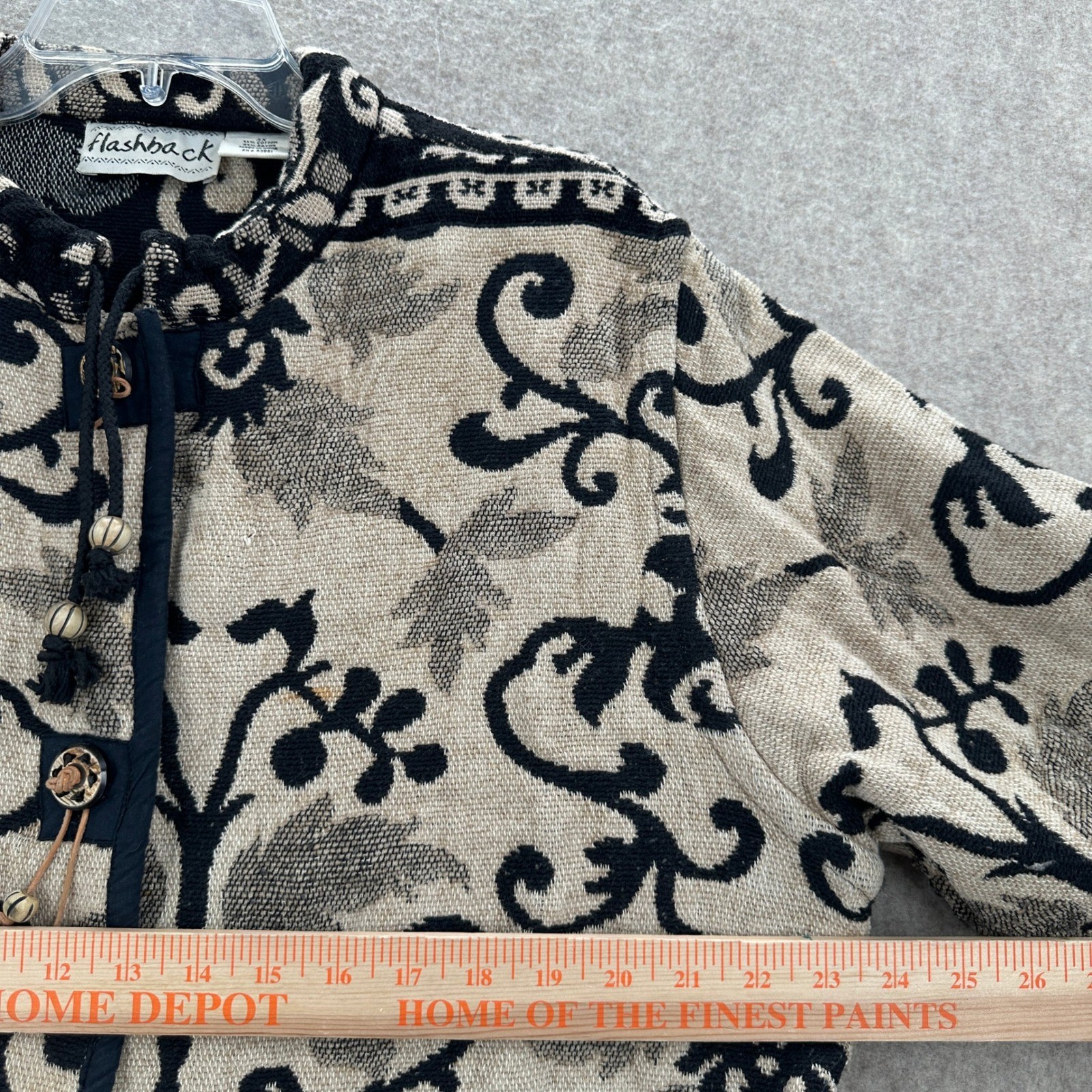 Flashback Tapestry Jacket Womens 3X Black Beige Damask Floral Toggle Button Boho