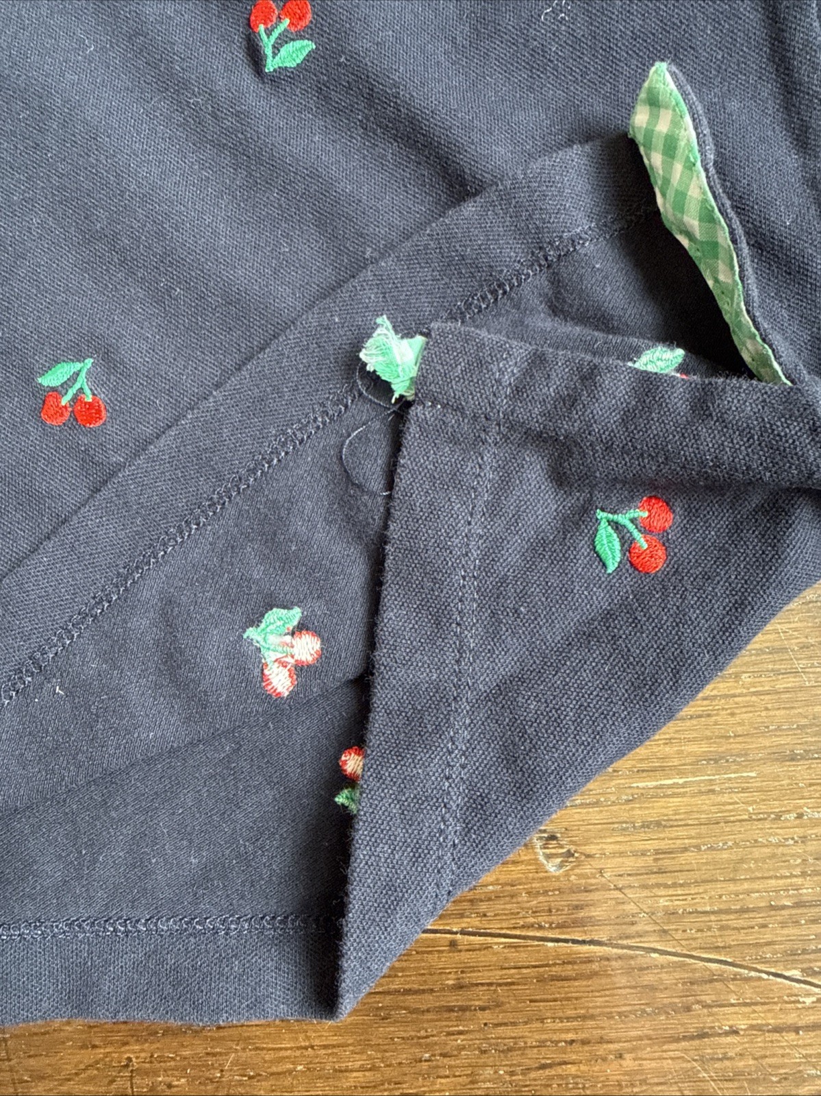 Talbots Navy Polo W/embroidered Cherries, Green Gingham Collar Accent, XS