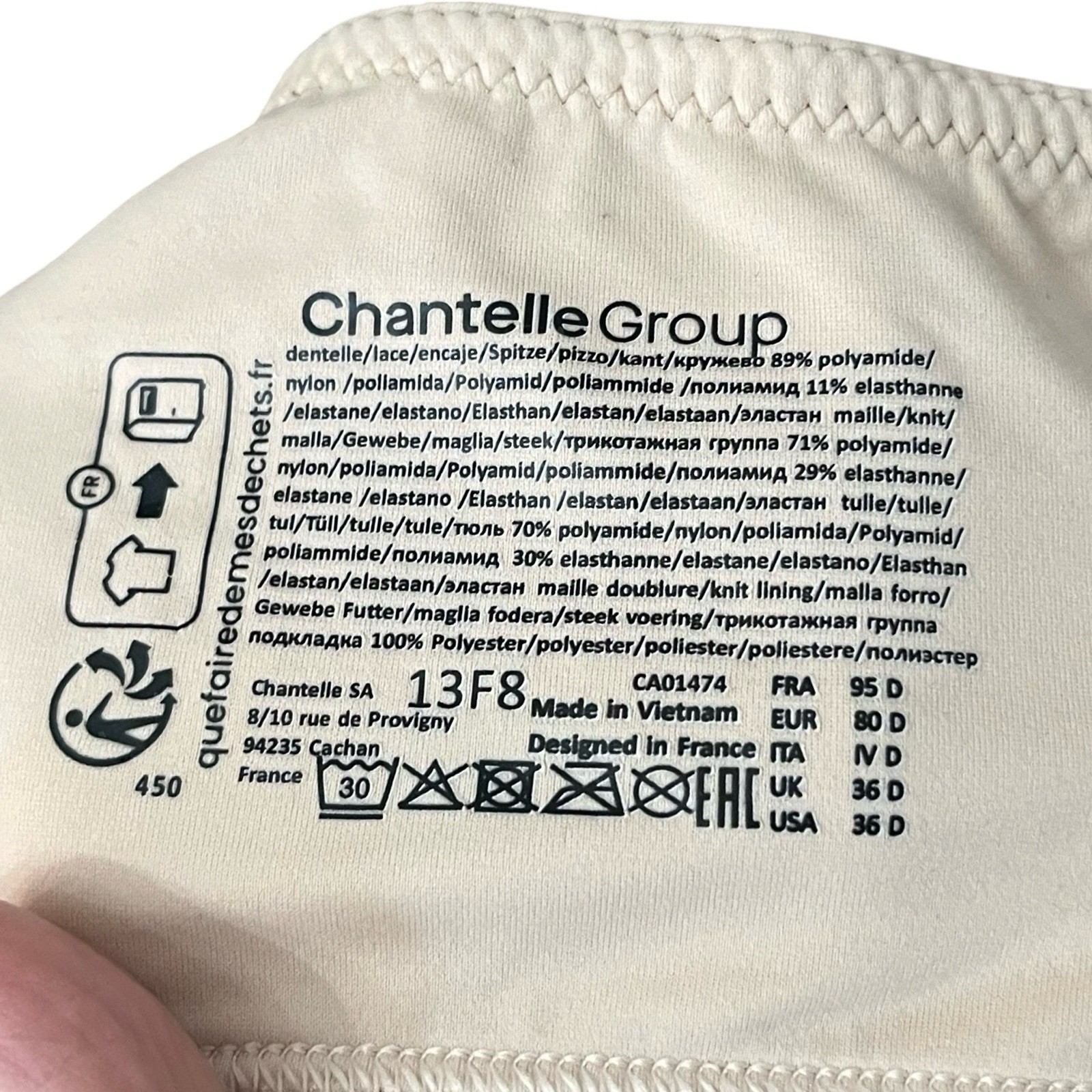 Chantelle Norah Supportive Wireless Bra 36D Pale Nude Lace Comfort Back Close
