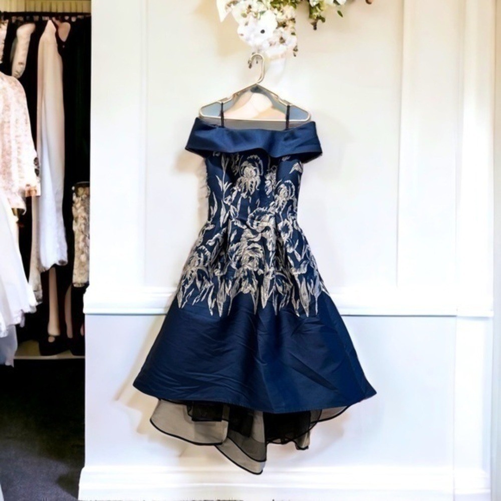 Frascara Navy Blue Silk Blend Floral Jacquard High-Low Off-Shoulder Dress