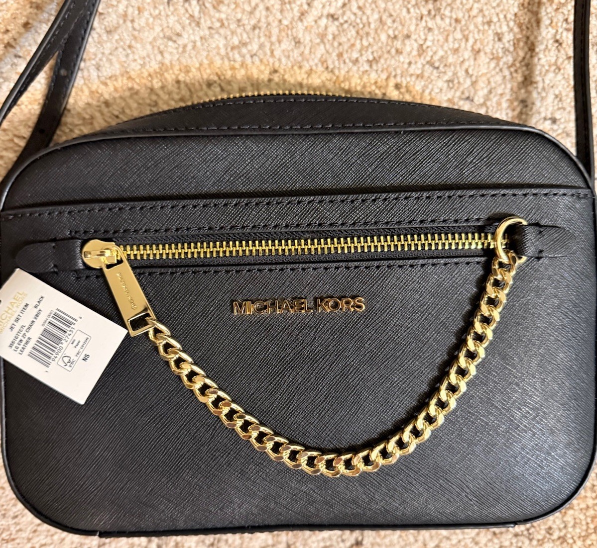 Michael Kors Small Black Crossbody Bag Zip Closure Gold Hardware Chain Strap