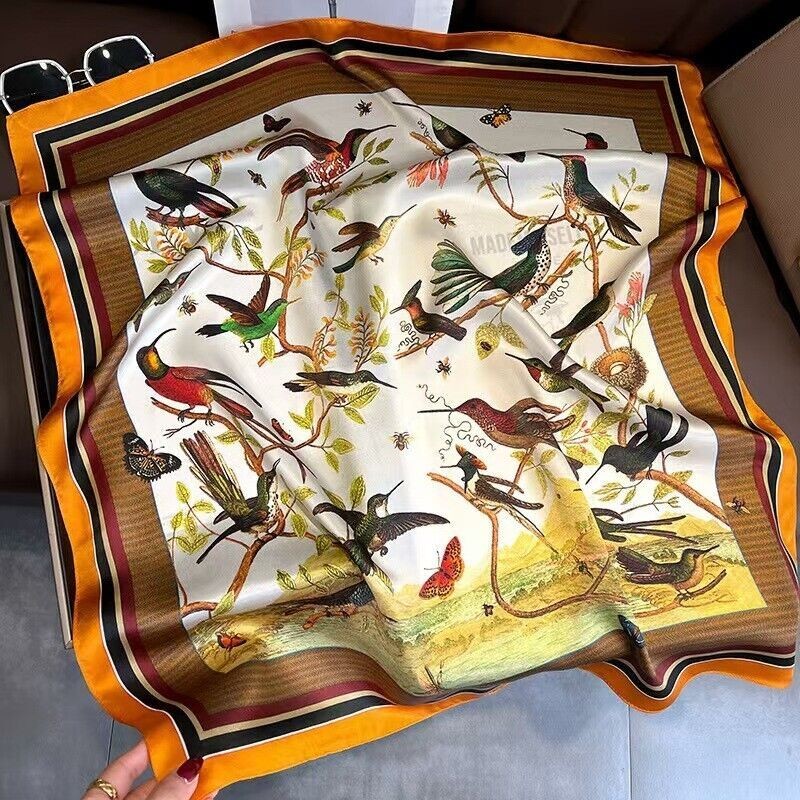 100% Silk Scarf Women Vintage Orange Bird Kerchief Square Bandana Wrap 68*68cm