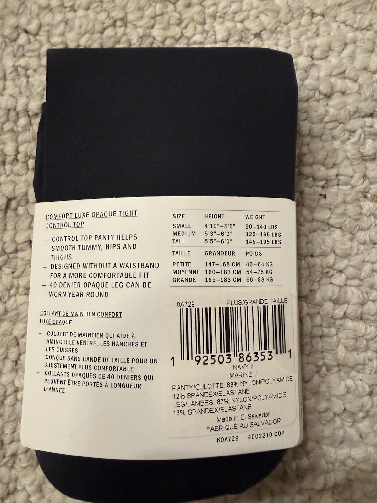 DKNY Comfort Luxe Control Top Tights, Plus, 0A729, Navy