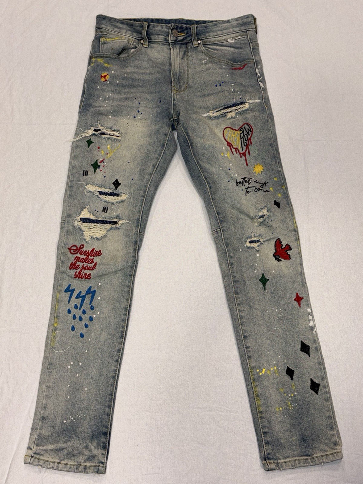 First Row Slim Straight Stretch Denim Jeans 30×32 Light Stone Tint Embroidered