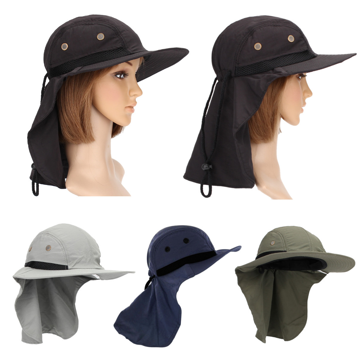 Khaki Fisherman Safari Sun Visor Neck Flap Packable Hiking Summer Unisex Hat