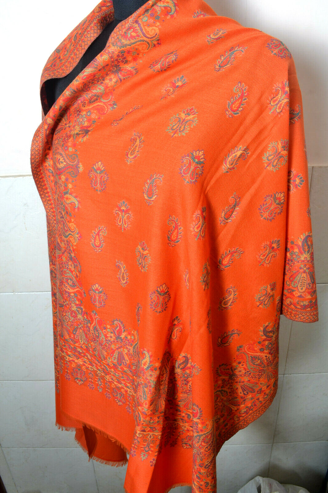 Orange KANI WEAVE Jamawar Stole Wool Blend Pashmina Jamavar Paisely