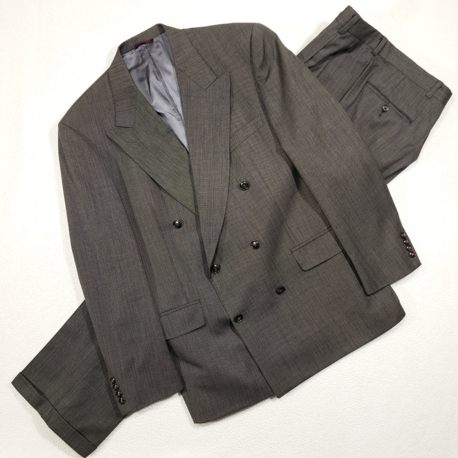 Hart Schaffner Marx Suit Mens 42R Brown Double Peak Breasted Pleated Cuffed Wool