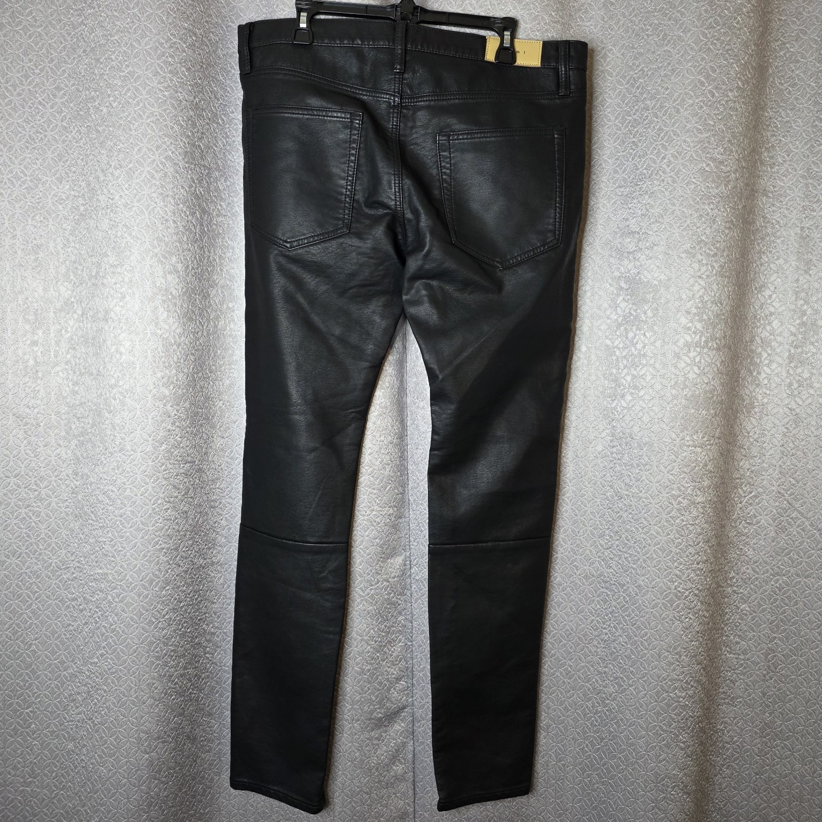 mnml Men’s Black Solid Flat Front Polyurethane Pants, Button/Zip, 5-Pocket, 36