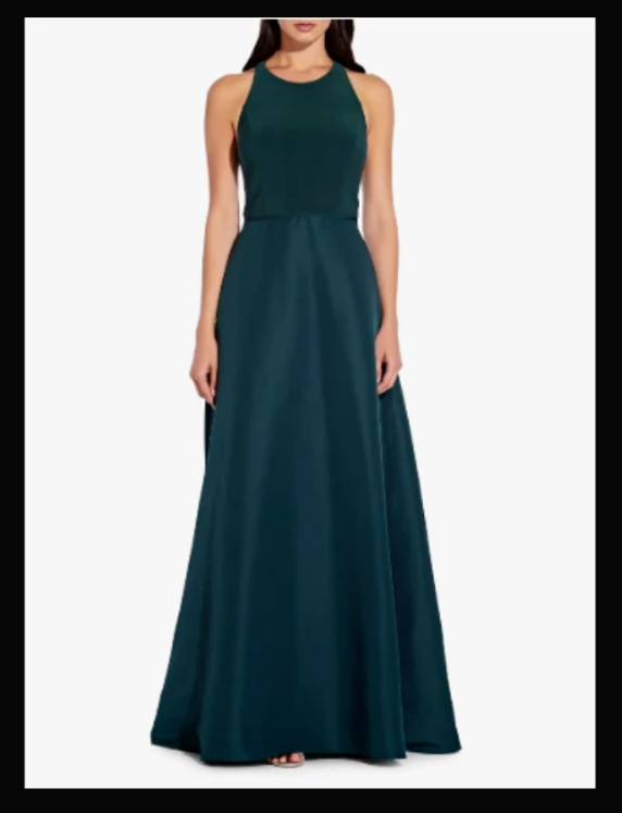 ADRIANNA PAPELL Dusty Emerald Open Back Halter Taffeta Skirt Maxi Gown Dress 8 M