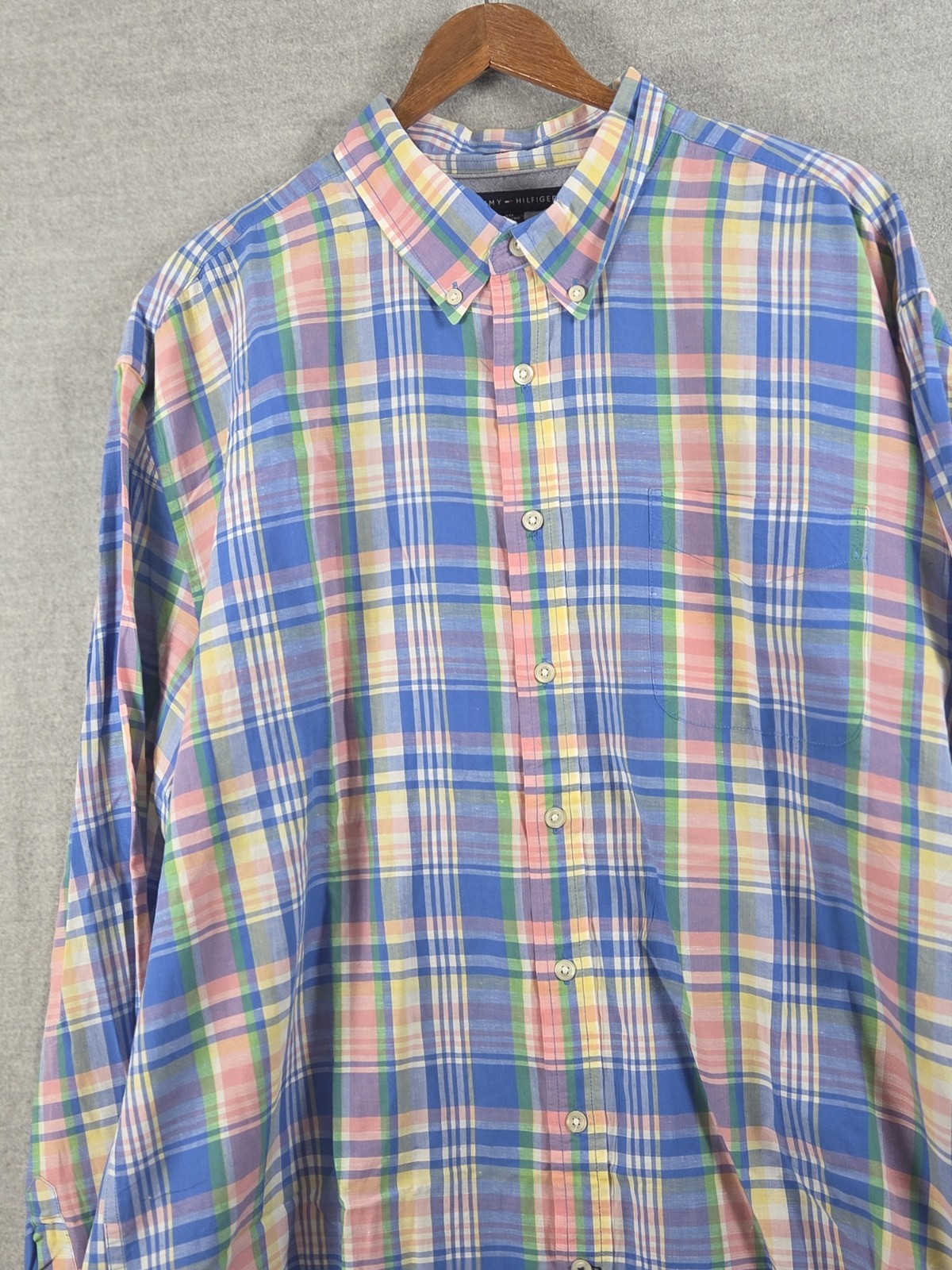 Tommy Hilfiger Mens 2XL Linen Blend Shirt Custom Fit Pastel Plaid Beach Cruise