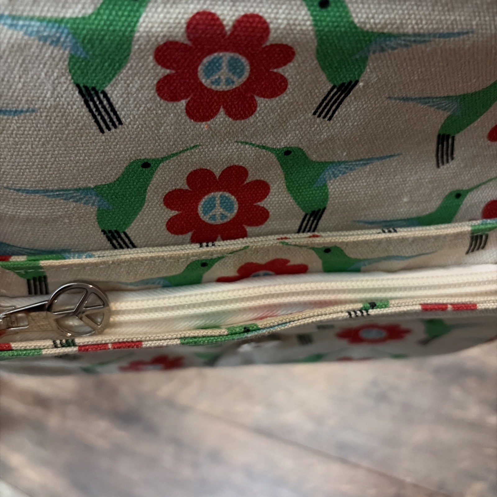 Bungalow 360 Green Hummingbird & Red Flower Print Peace Wristlet Bag Purse