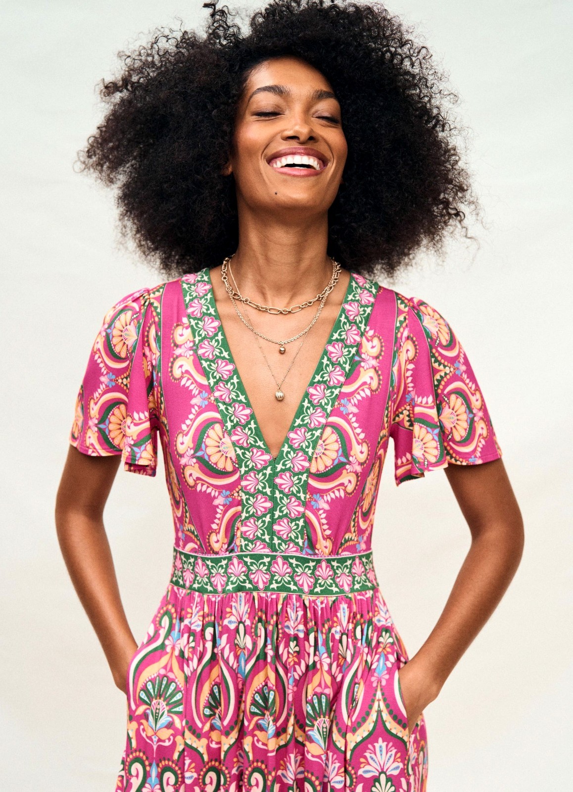 Boden ELLIE FLUTTER V-Neck Pink/Green/Yellow Short Sleeve Jersey Maxi Dress 18R