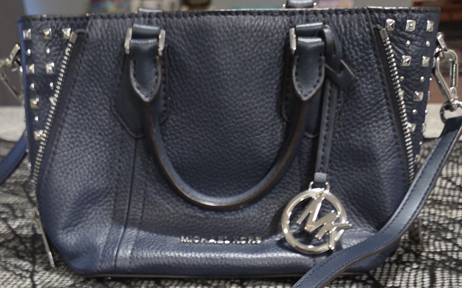 Michael Kors Blue Studded Satchel w/ Detachable Crossbody Strap & MK Charm