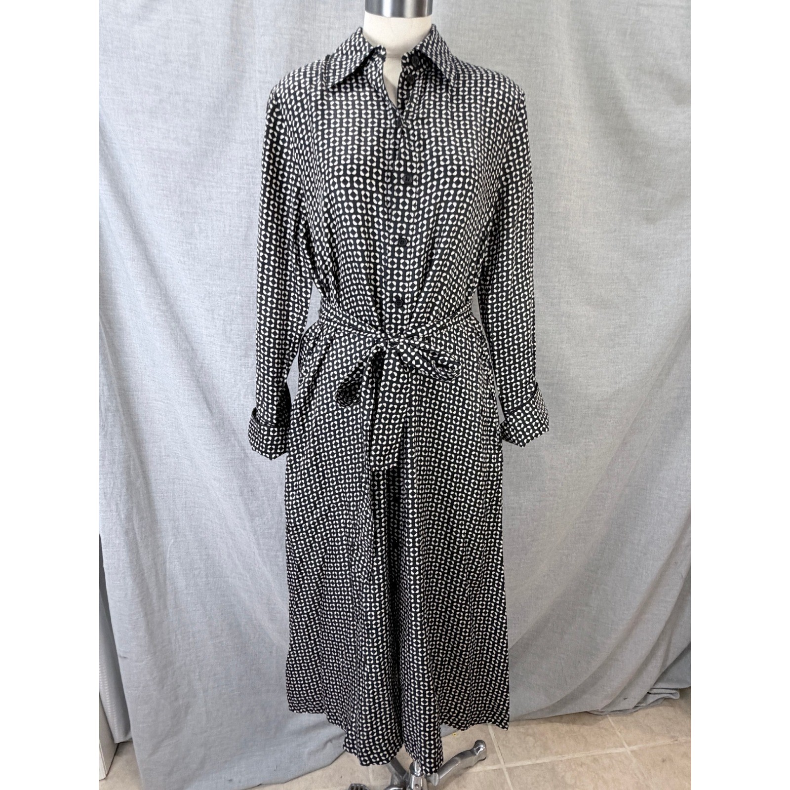 NWT COS Geometric Print Cupro Tencel Midi Shirt Dress Black White US 6