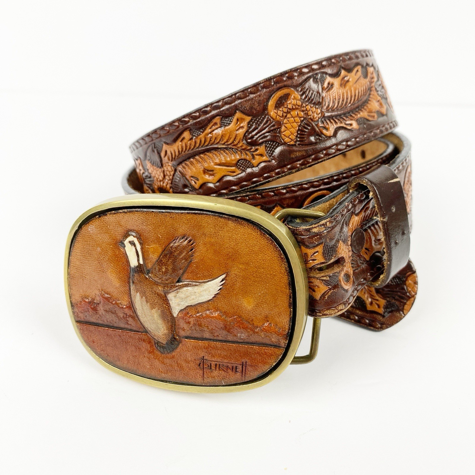 Vintage Paul Burnett Belt Buckle 37″-41″ Hand Tooled Leather Brass Acorns Duck