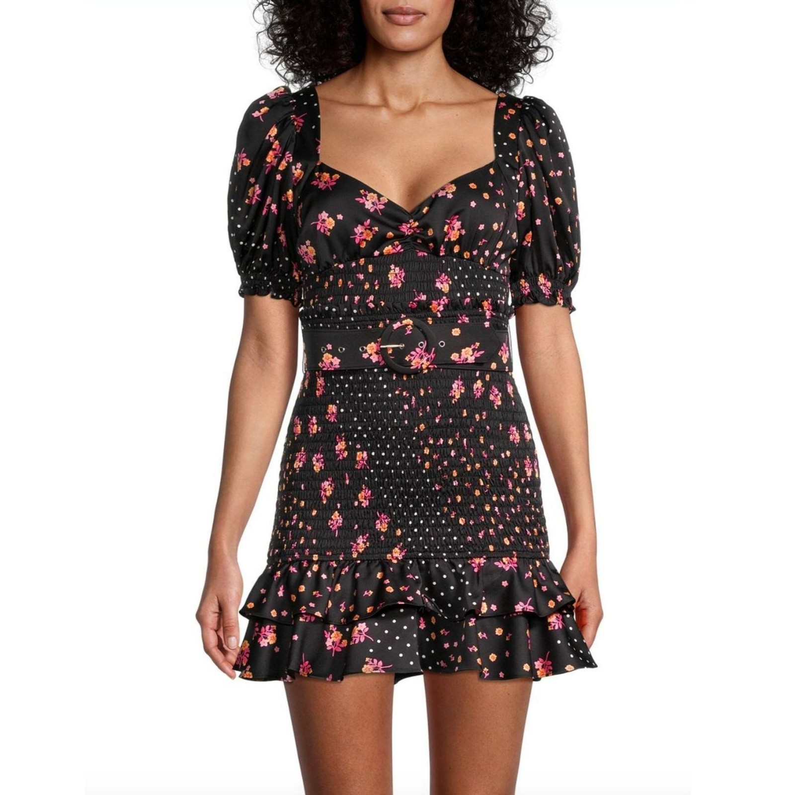 For Love and Lemons Camellia Smocked Belted Mini Dress Black Floral NWOT Sz L