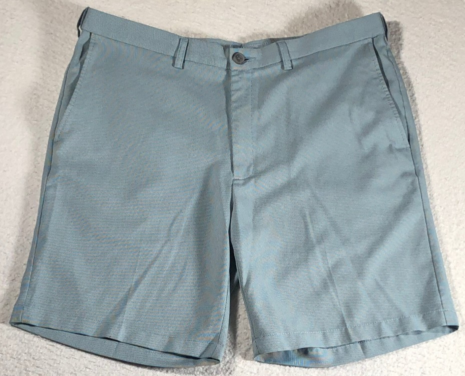 Haggar Cool 18 Pro Men’s Chino Shorts Flat Front Teal Nailhead Flex Waist 38×9