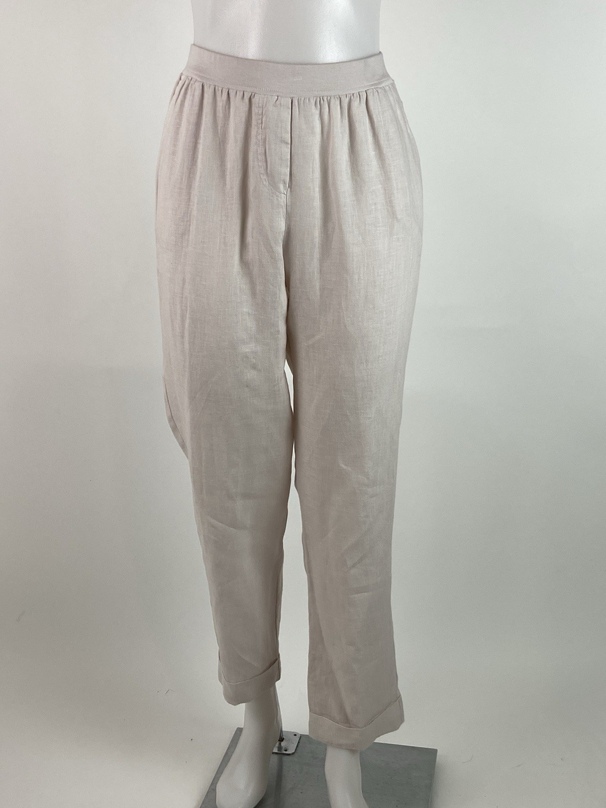 Rosso35 Size 44 Medium Blush Pink 100% Linen Pull on Pants Pockets Cuffed
