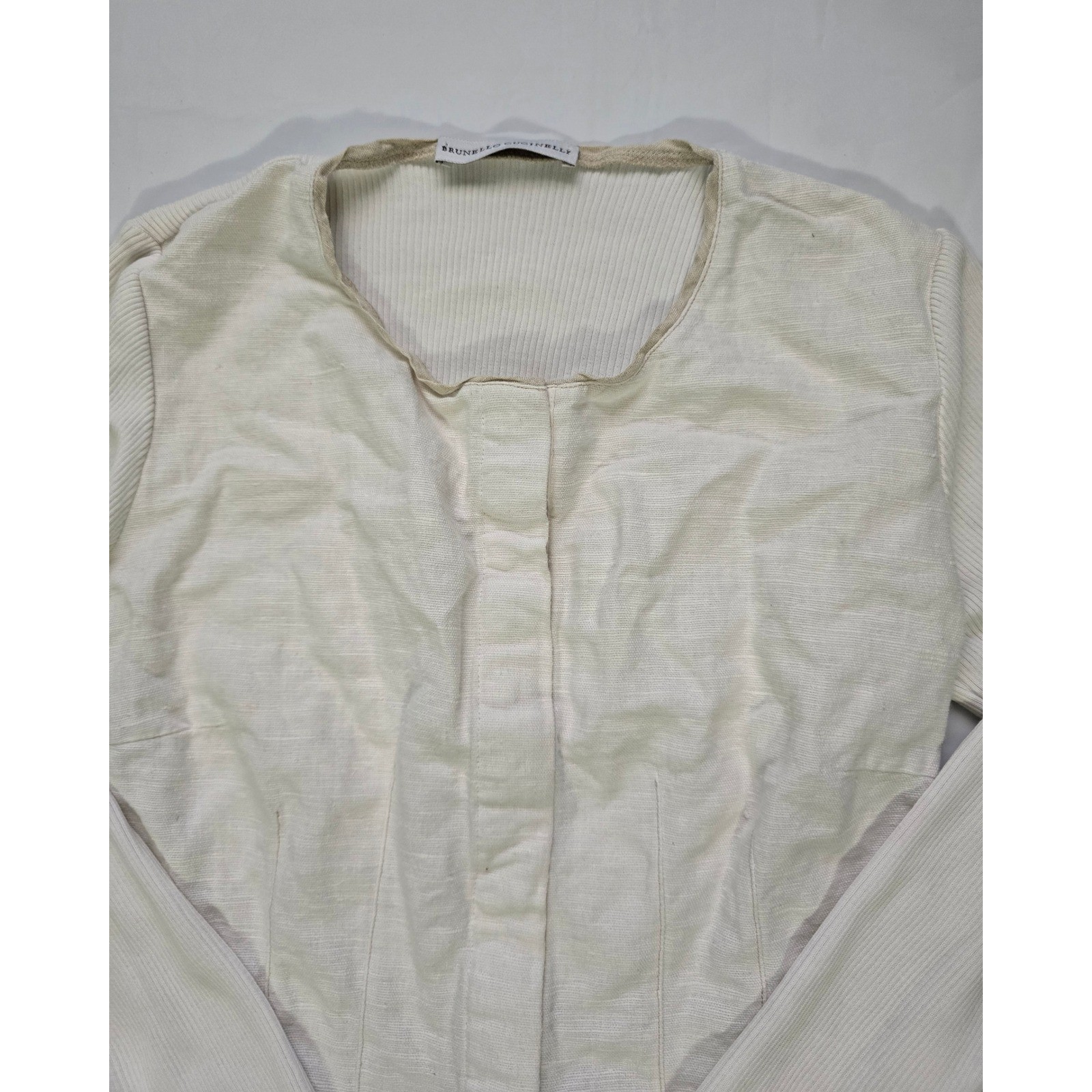 Brunello Cucinelli Cream Mixed Media Hook Eye Front Long S Top Small Cotton&Silk