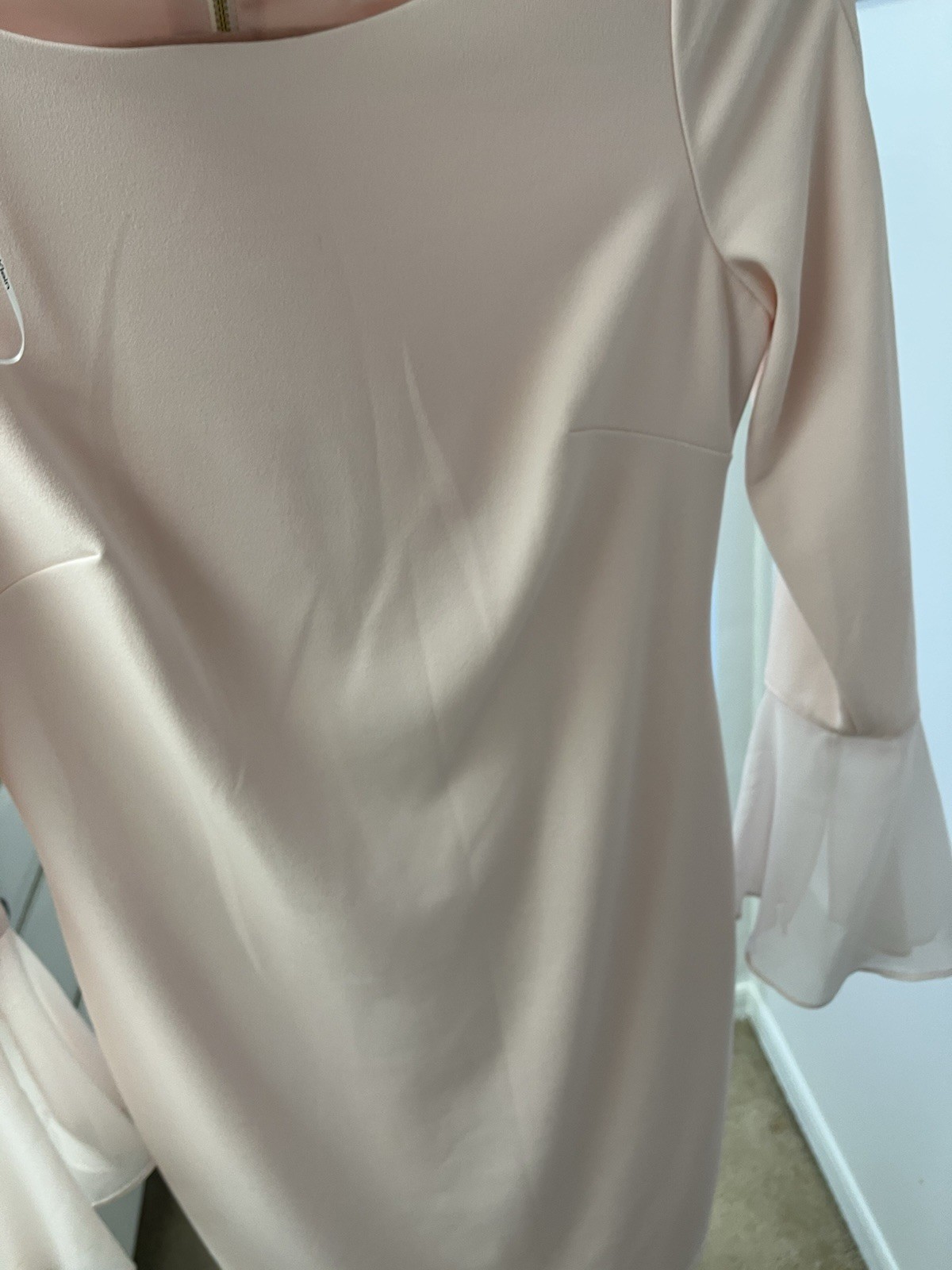 Calvin Klein Pink Solid Sheath Dress Boat Neck Flared Long Sleeve Zip/Size 4