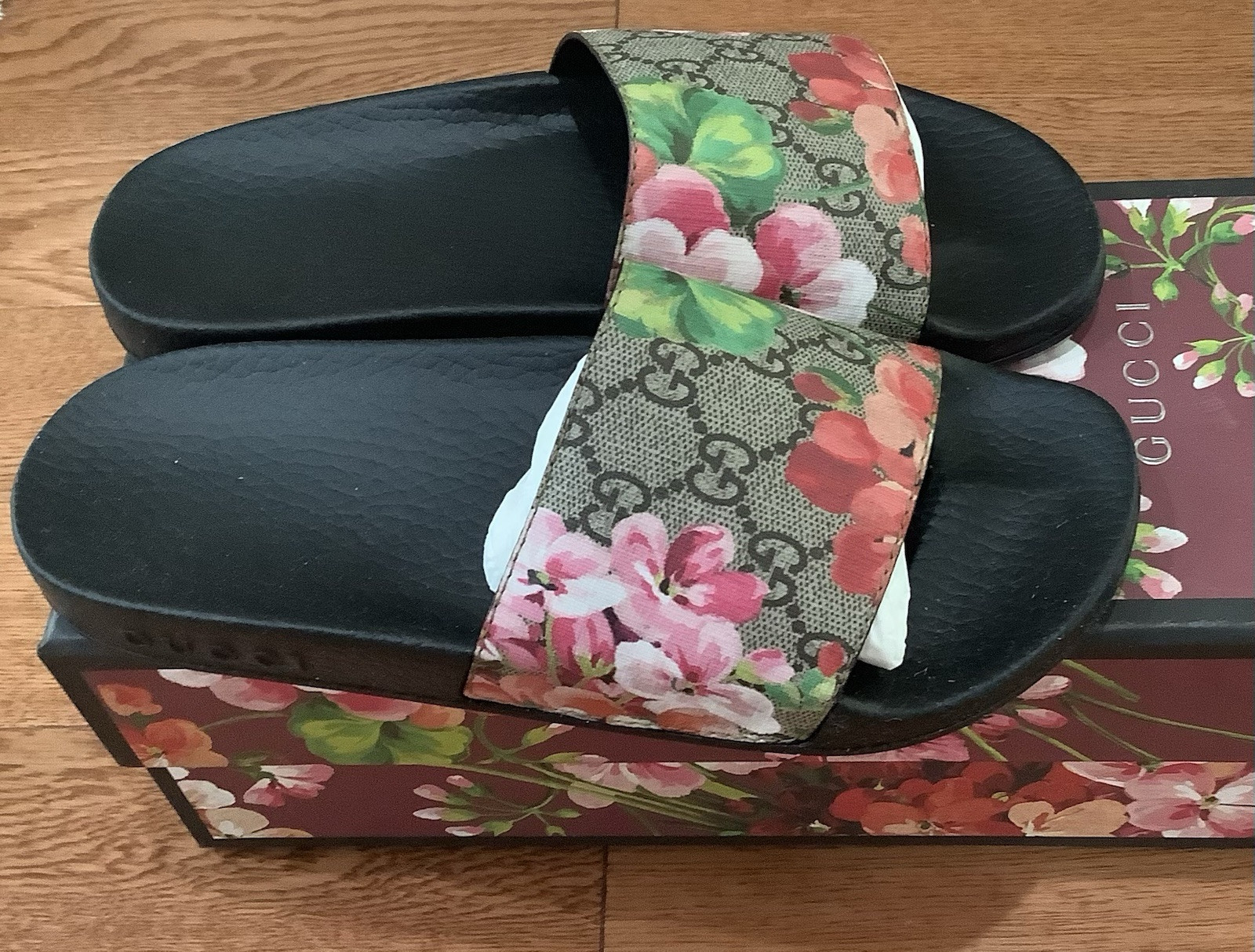 Gucci Blooms Supreme Floral Canvas GG Slide Sandals Shoes 36 NEW!!!