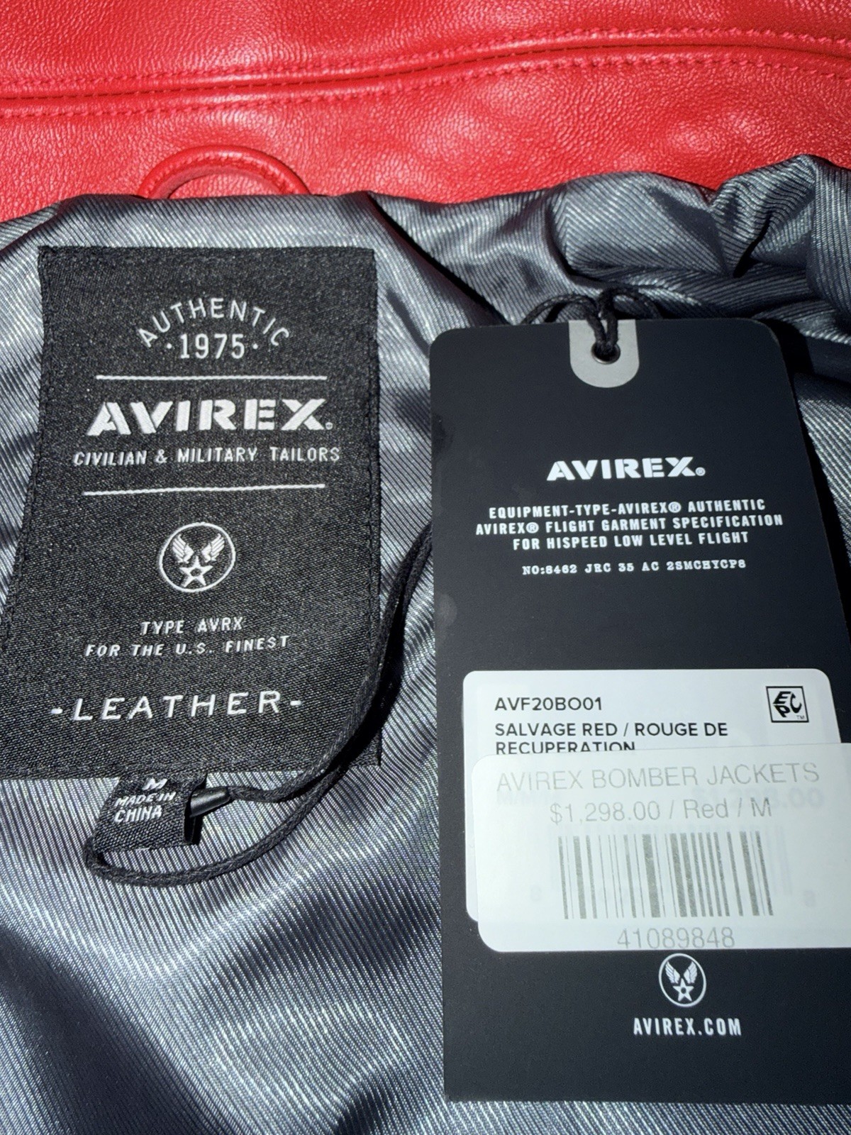 Avirex Men’s Red Leather Bomber Jacket Full Zip USA Embroidered Logo Size L
