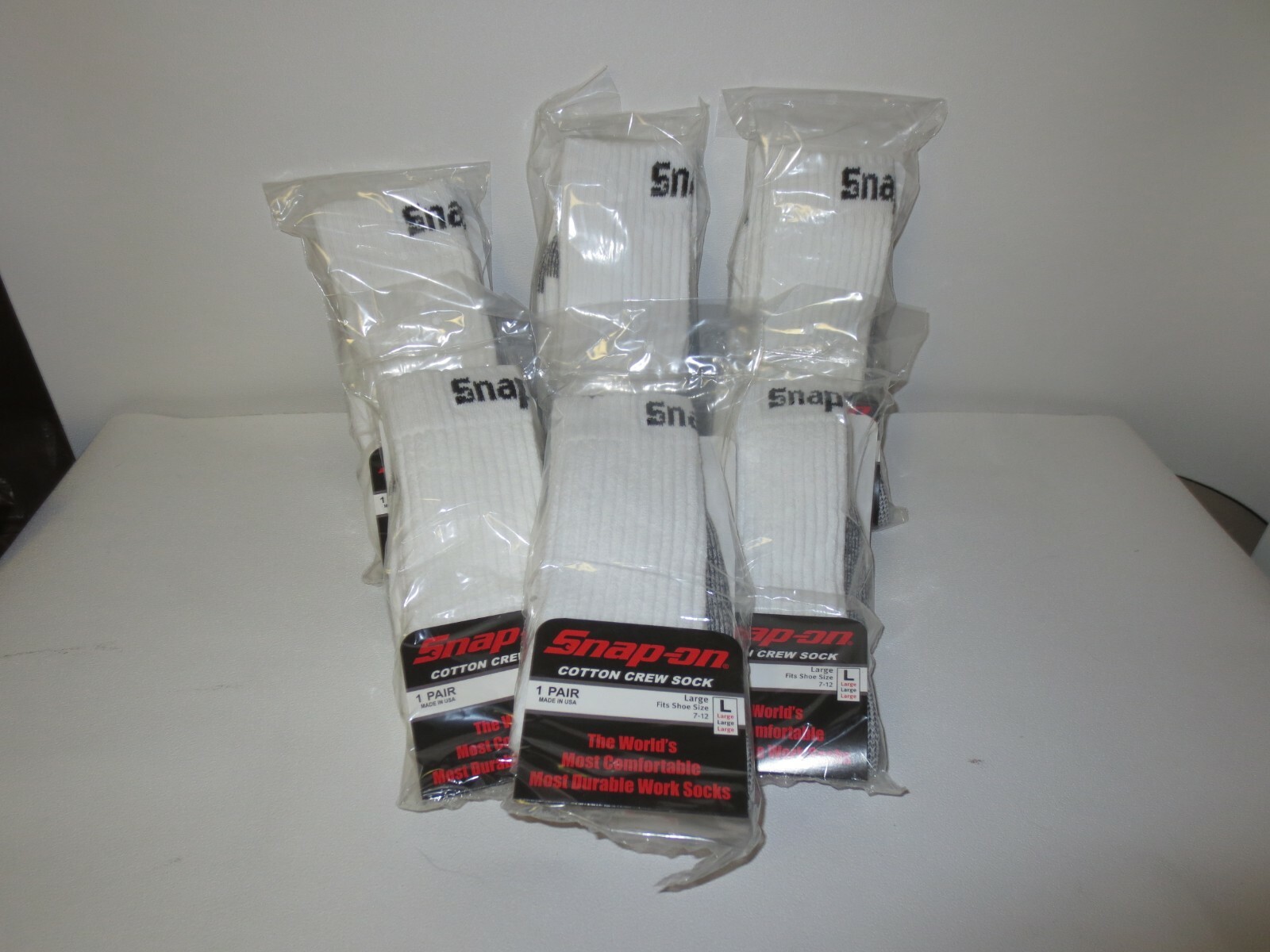 6 PAIRS Snap-On CREW Socks Men’s WHITE LARGE ~ FREE SHIPPING ~ MADE IN USA *NEW*