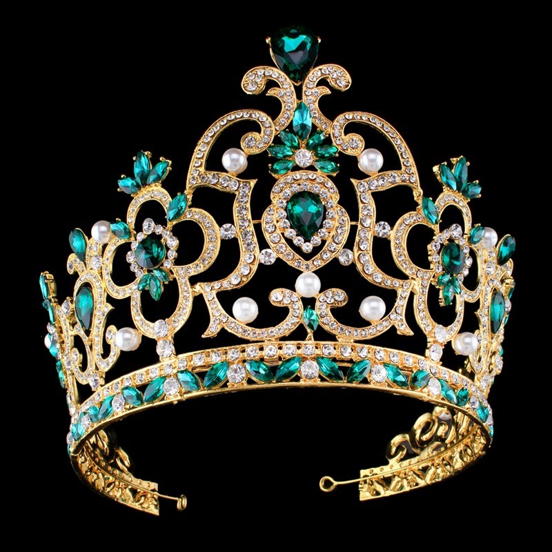14cm Tall Large Green Crystal Crown Tiara Wedding Prom Queen Princess For Women