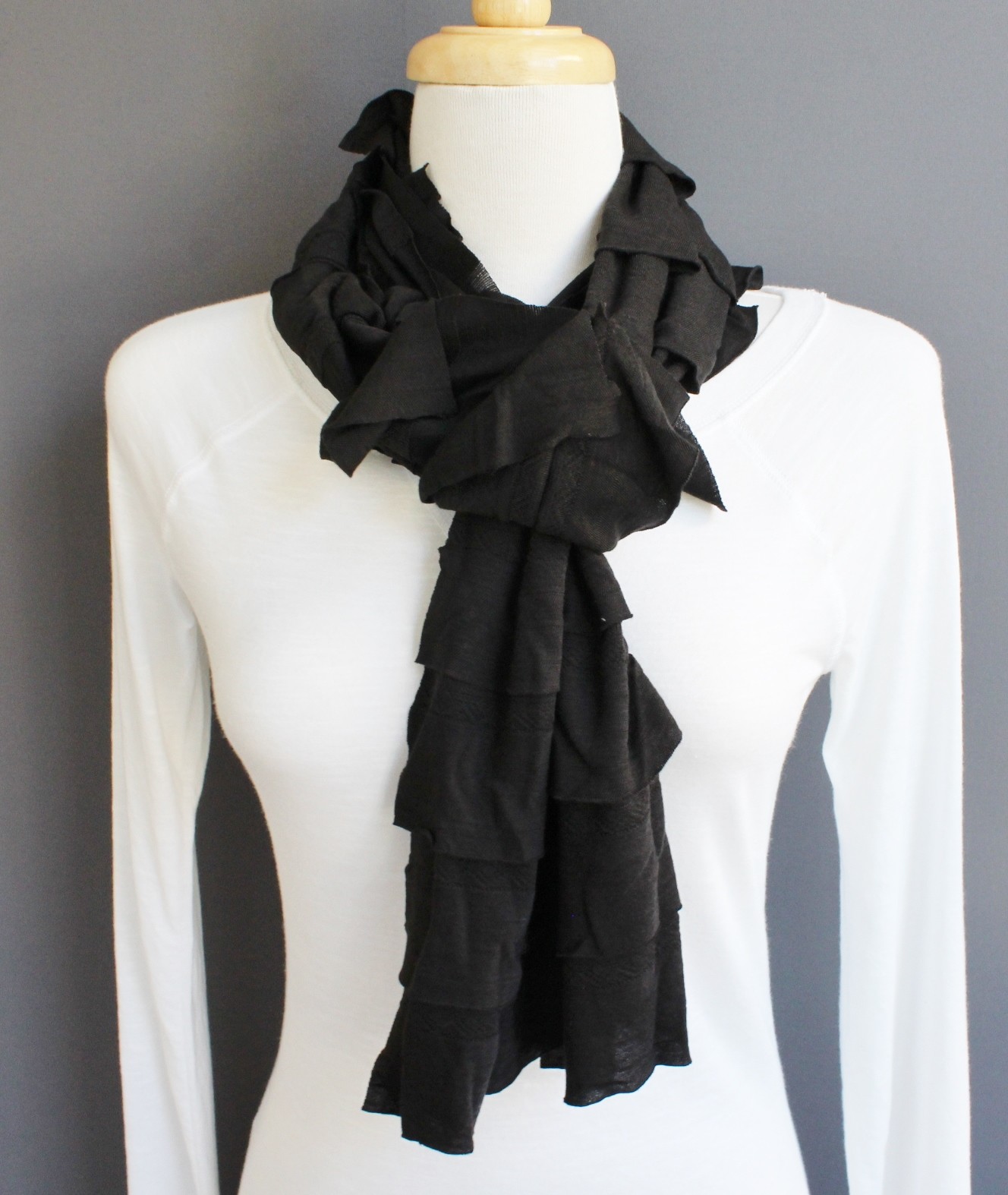 Black jersey knit fabric 72″ extra long ruffled scarf 8″ wide layered ruffles