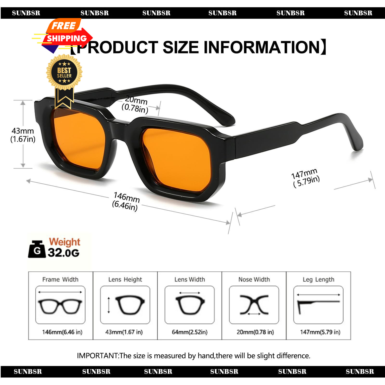 SUNBSR Retro Rectangle Sunglasses Mens Womens Orange 60mm, Grey+orange