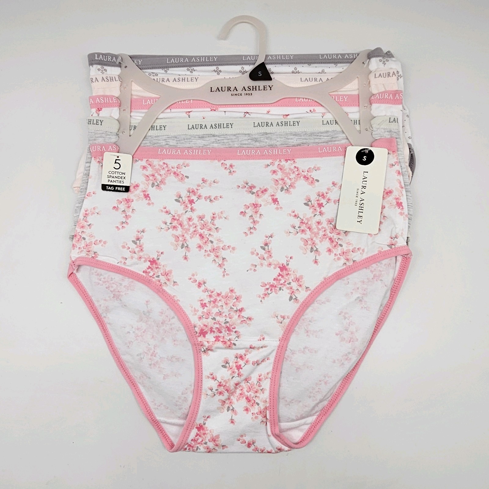 LAURA ASHLEY 5 Pack Women’s S M L Logo Cotton Panties White Pink Gray