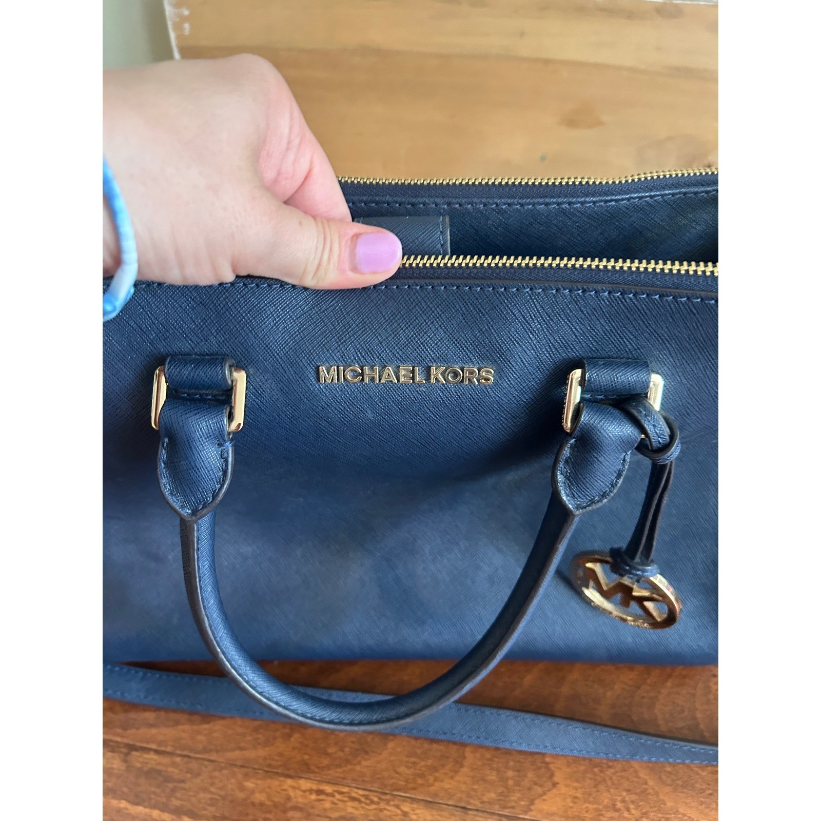 Michael Kors Savannah Navy Blue Saffiano Leather Satchel Crossbody Bag Gold Tone