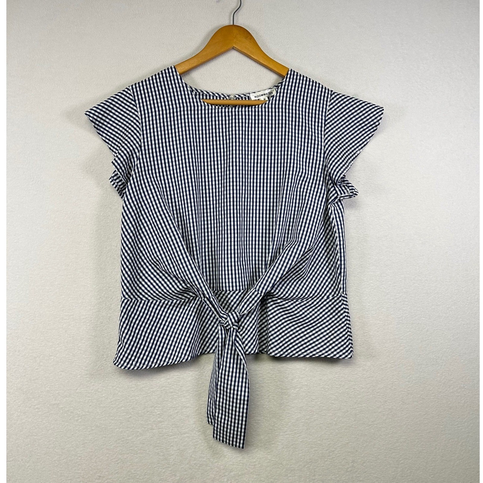 Roommates Navy White Gingham Tie Front Flutter Sleeve Top Women’s Medium