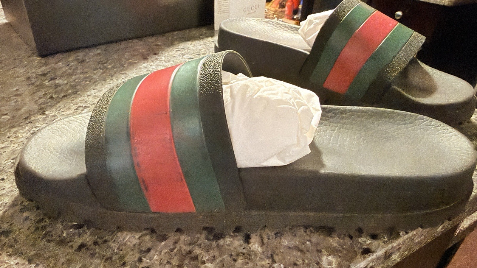 Authentic Gucci Black Rubber Web Slide Sandals Men’s Size 8 With Box & Booklet