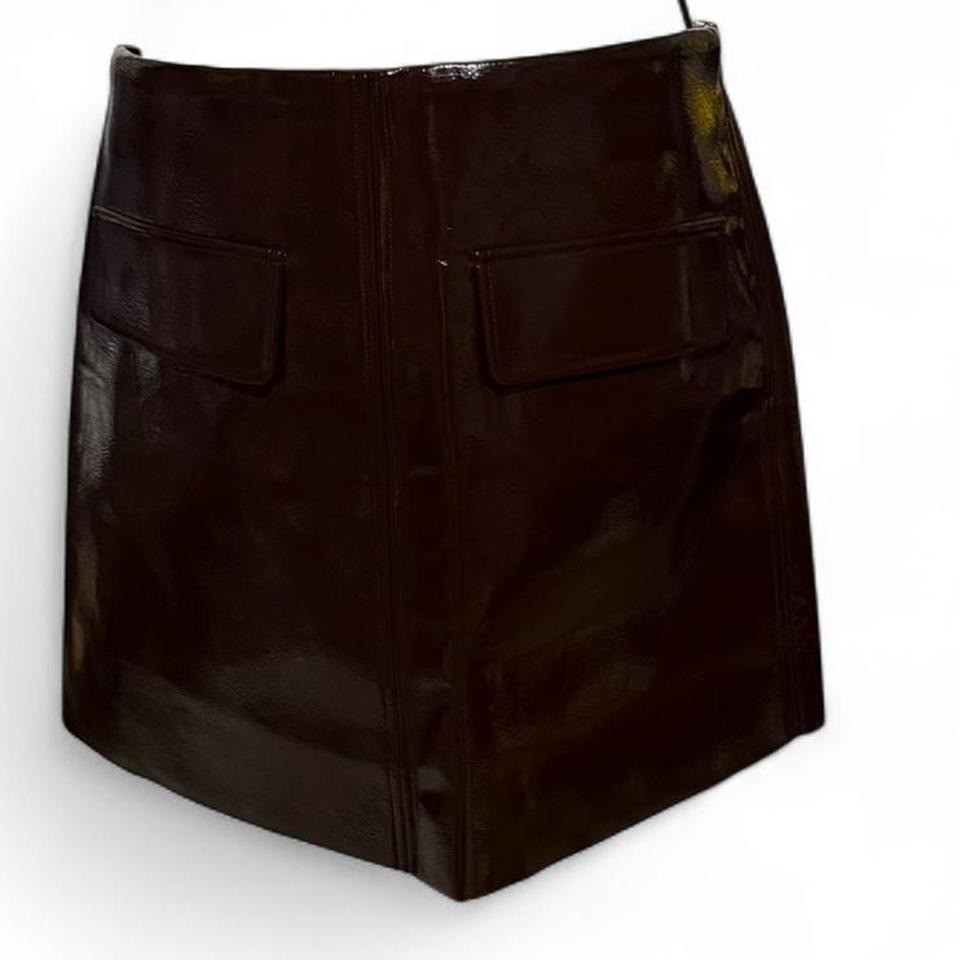 Common Sense Brown Faux Leather Mini Skirt XL A-Line Front Zip Pockets Shiny
