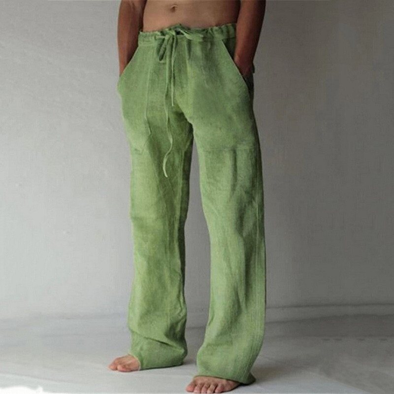 Mens Cotton Linen Loose Pants Solid Color⭐Casual Baggy Summer Beach Trousers