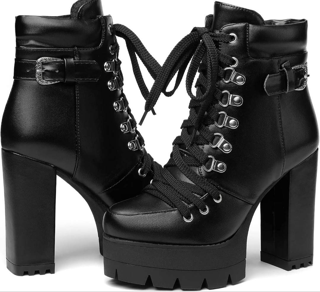 Women’s Black Platform Ankle Boots Faux Leather Lace-Up Round Toe Buckle 10.5