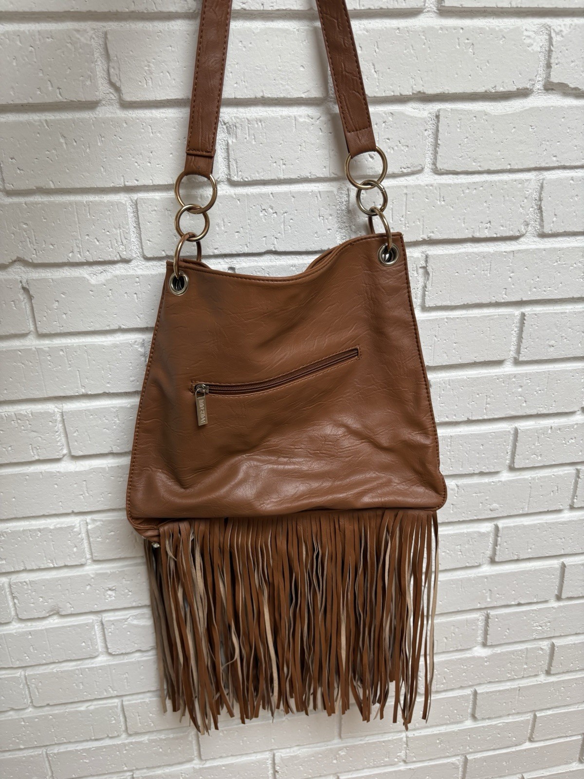 Imoshion Brown Fringe Studded Shoulder Bag Floral Lined, Zip/Snap, Pockets