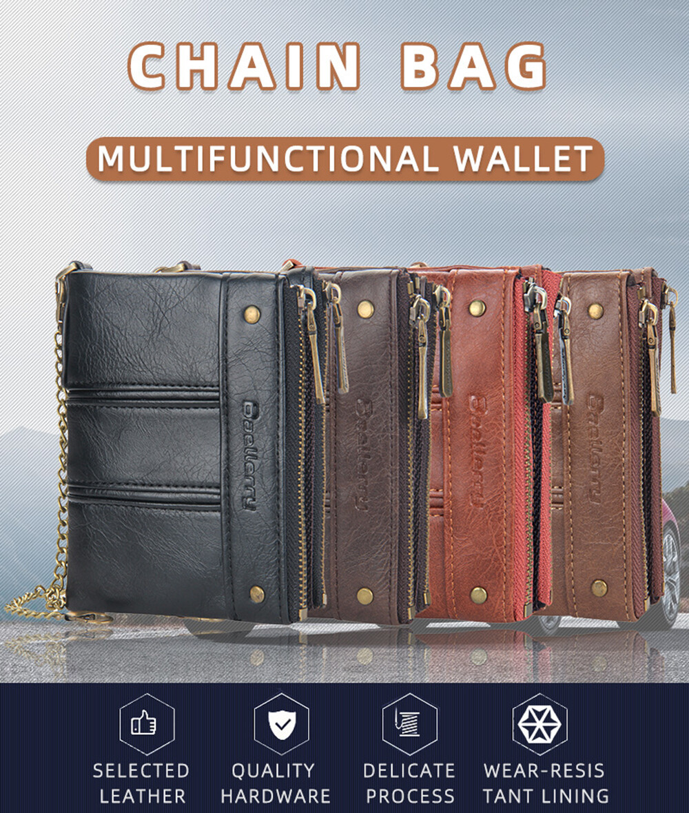 Men Men’s C2 Leather Wallet with Chain ID Credit Card Holder Double Zipper Coin