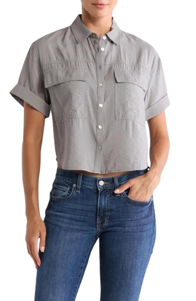 Madewell Crop Utility Button-Up Shirt in Dusk Grey Size XXL