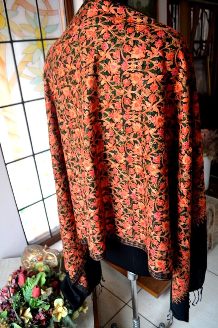 KASHMIRI BLACK CREWEL ALL EMBROIDERED FLORAL SILK PASHMINA STOLE
