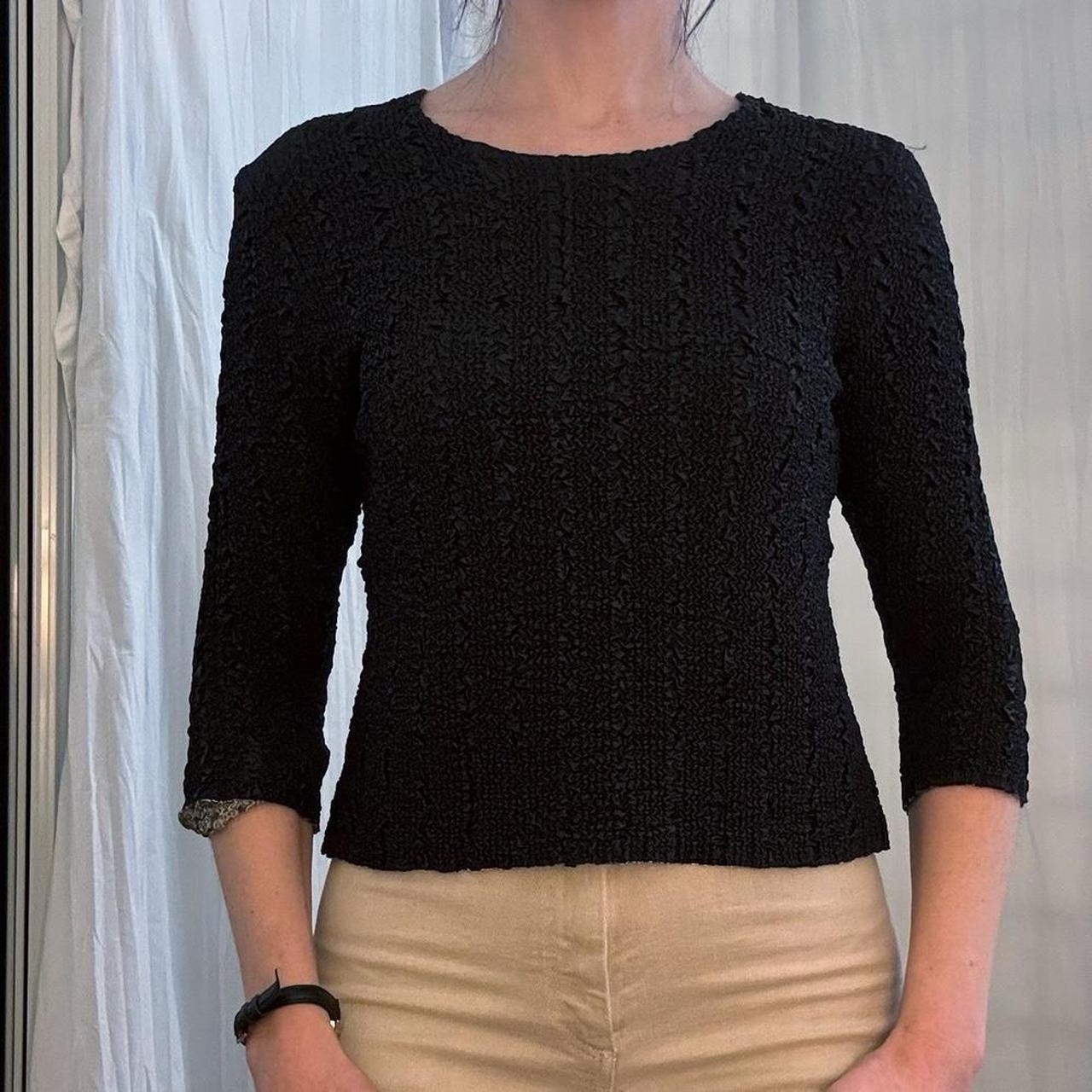 Navy, Gray, Black Paisley Reversible Crinkle Fabric 3/4 Sleeve Top VTG 90s/Y2K S