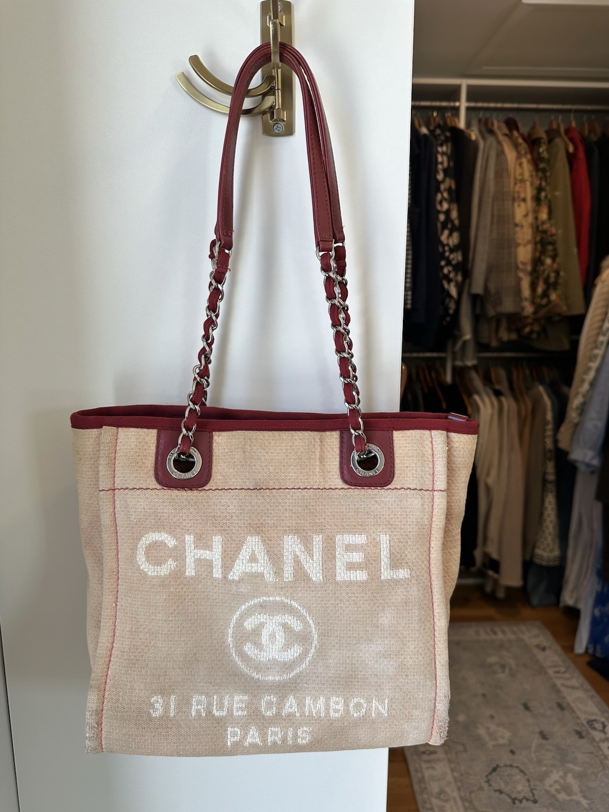 AUTHENTIC CHANEL Deauville Shoulder Bag Mini Leather and Cloth Tote