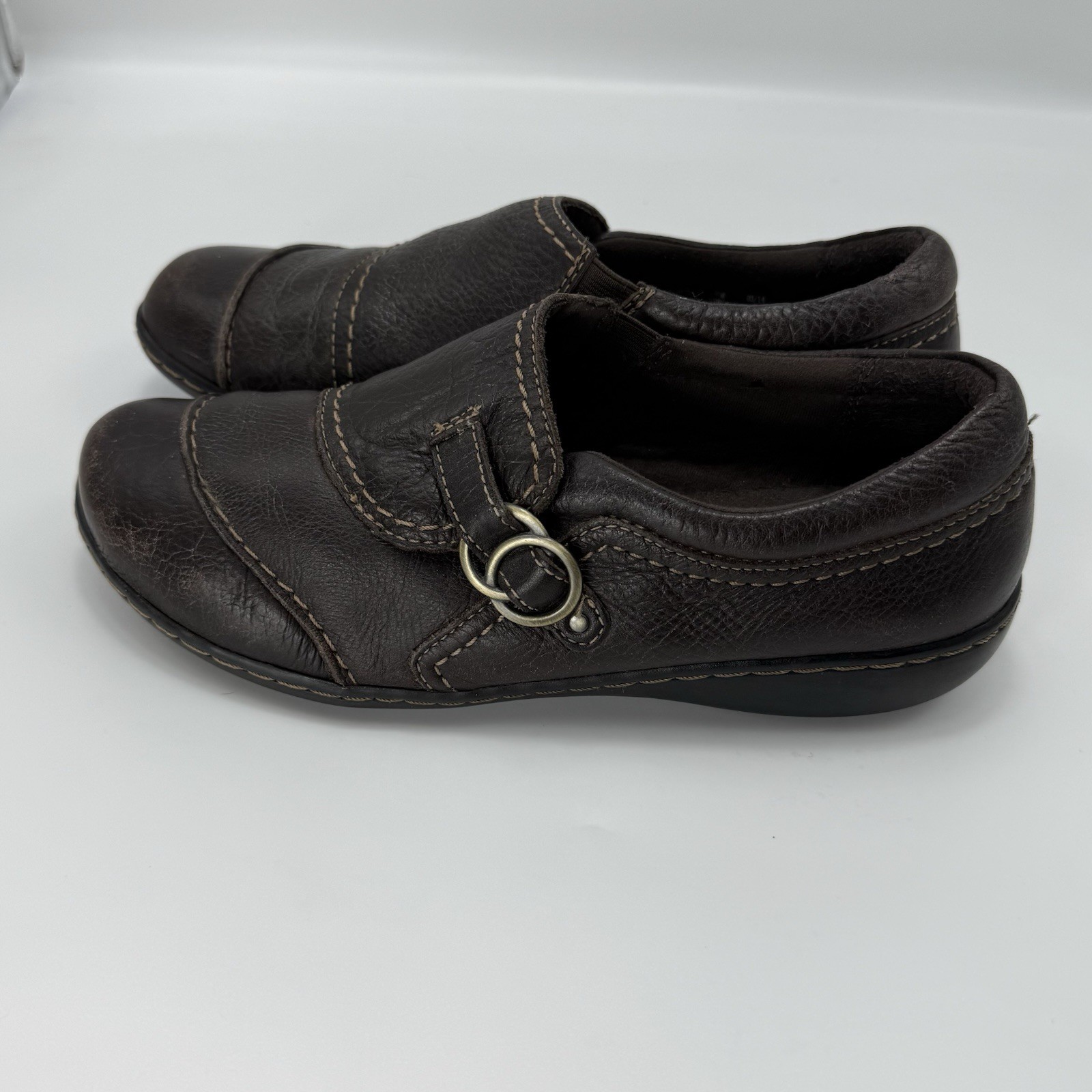 Clarks Ashland Indigo Brown Leather Casual Slip On Loafers Ladies Size 8.5