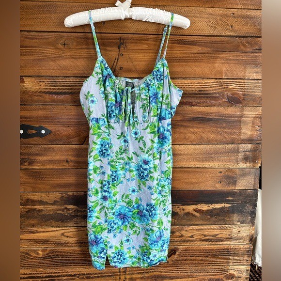 Wild Fable Mini Dress Women Large Blue Floral Linen Blend Milkmaid Slit Hem