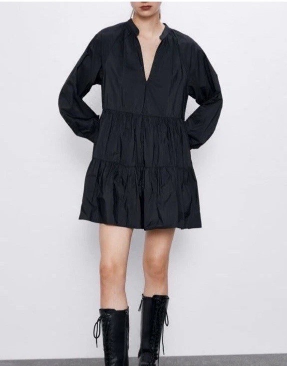 Zara Taffeta Black Tiered Babydoll Dress V-neck Long Sleeves Size S Small