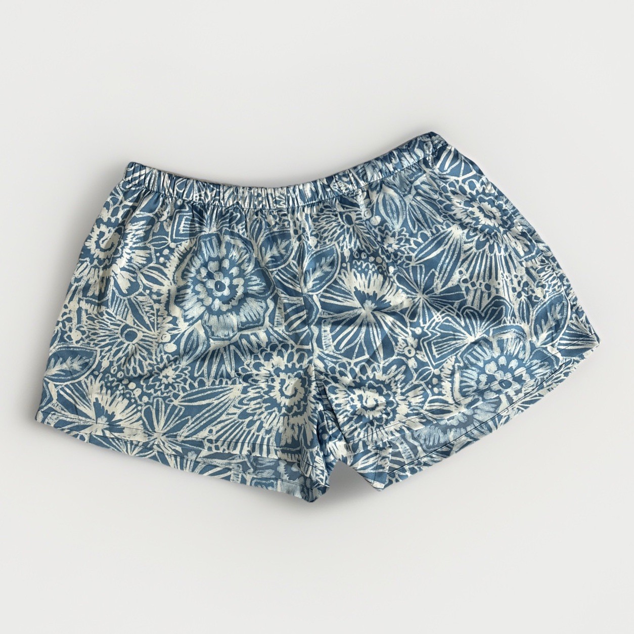 Van Winkle Co Women L Satin Sleep Shorts Batik Blue White Floral Elastic Waist