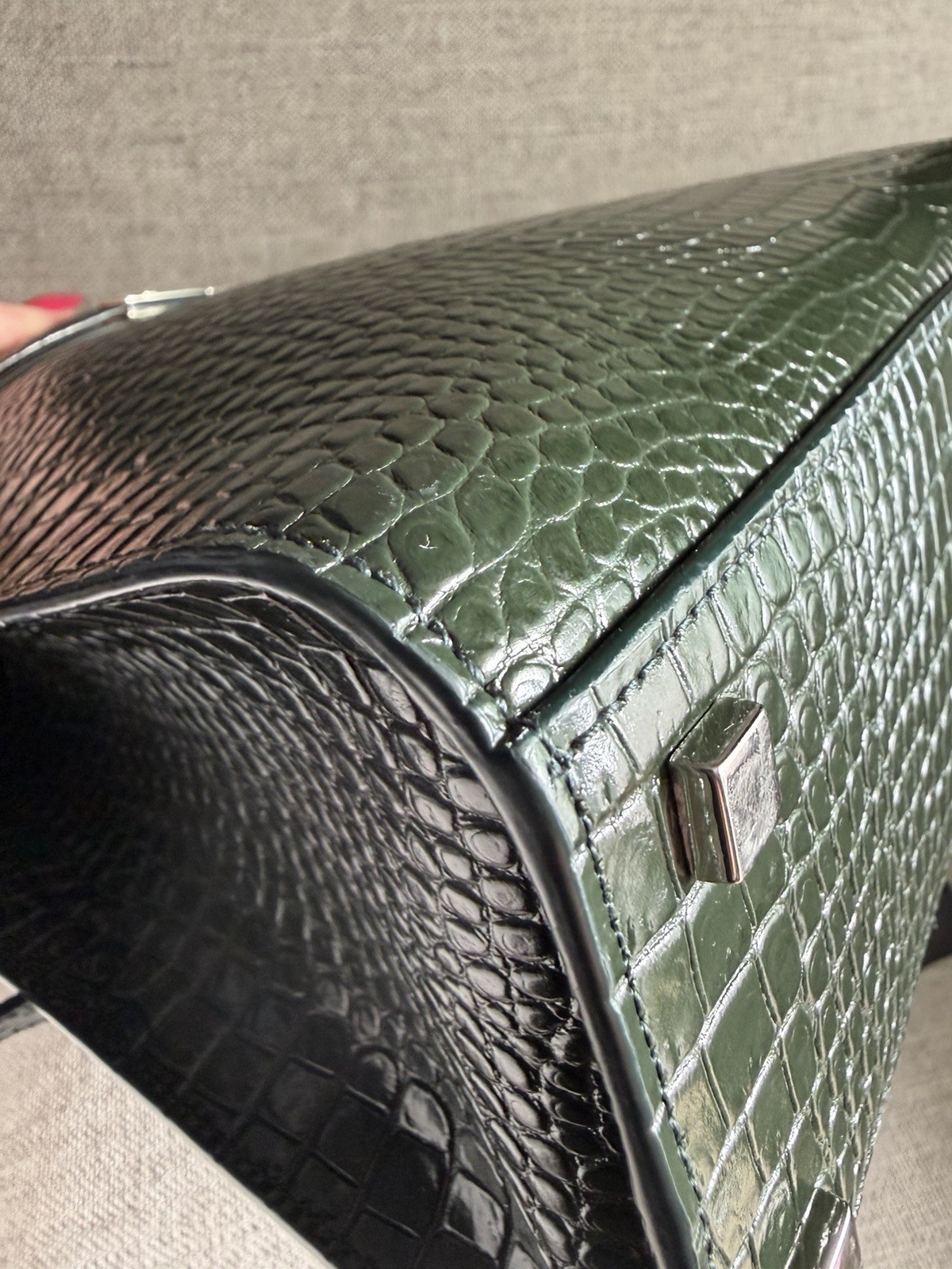 SAINT LAURENT Small Manhattan Green Silver Embossed Leather Bag Shoulder Strap